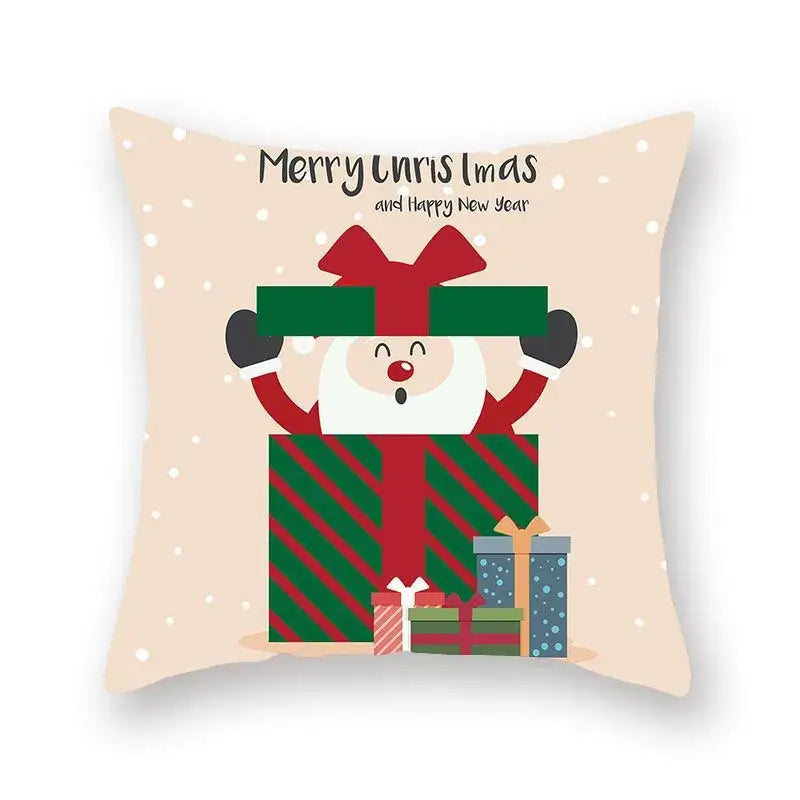 Beige decorbites christmas santa pillowcase featuring cartoon santa elk in gift box with merry christmas and happy new year text