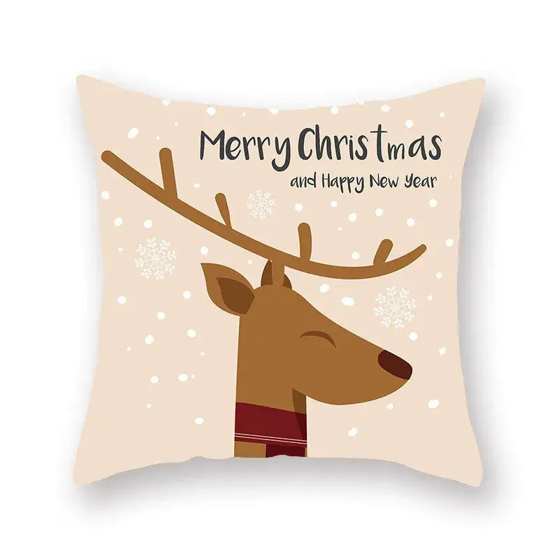 Beige decorbites christmas santa elk pillowcase featuring cartoon reindeer and festive text for sofa chair decor