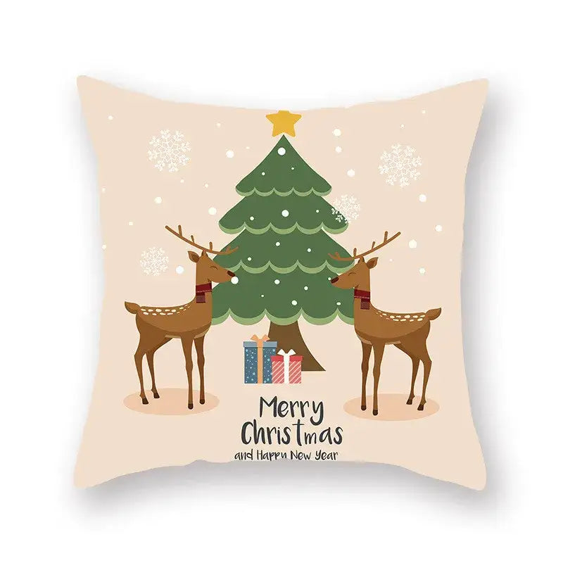 Beige decorbites christmas santa elk pillowcase with green tree, yellow star, and deer wearing red scarves for sofa decor