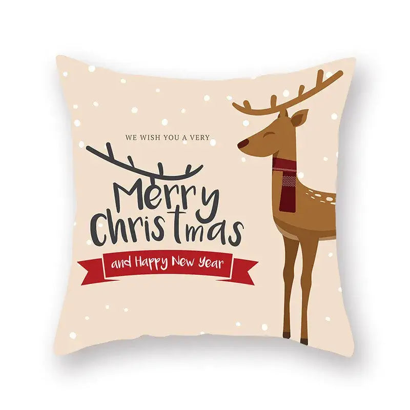 Beige decorbites christmas santa elk pillowcase with cartoon reindeer and merry christmas text for sofa chair decor