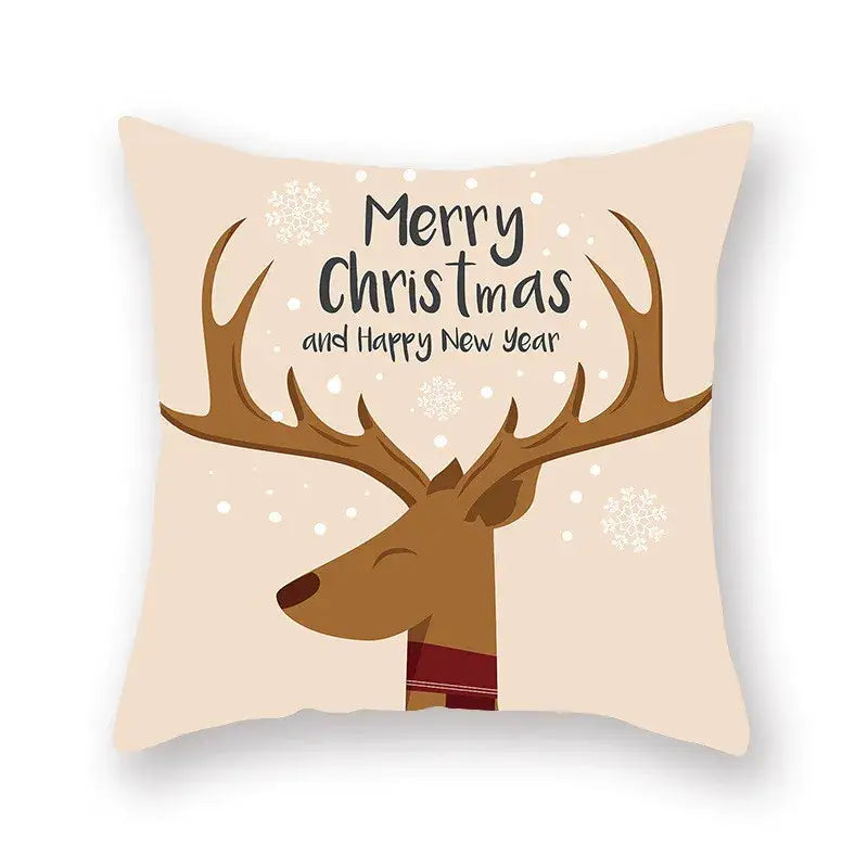 Beige DecorBites Christmas Santa elk pillowcase featuring a cartoon reindeer with brown antlers and snowflakes