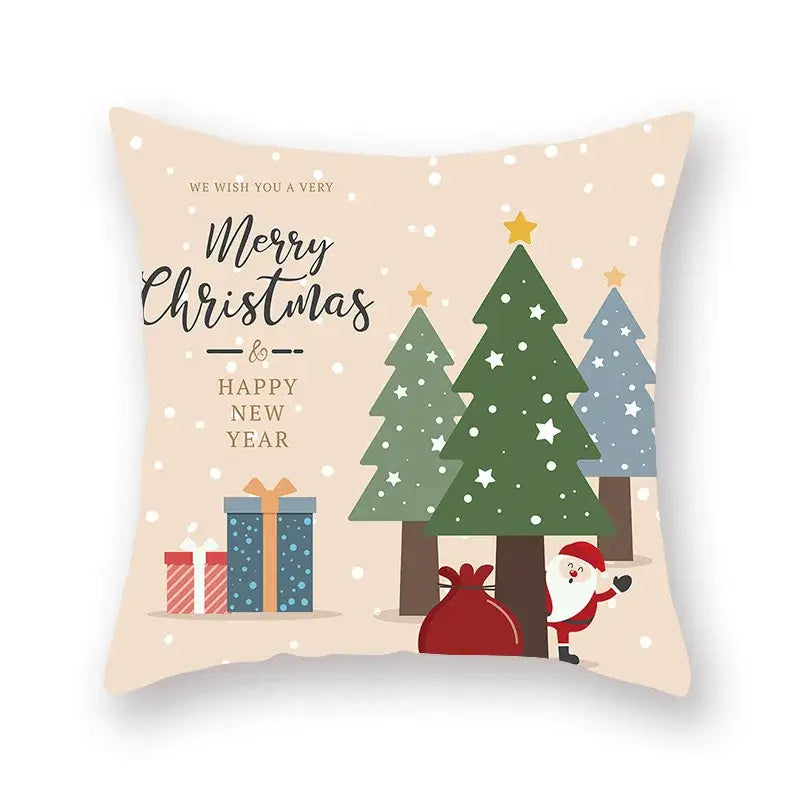 Beige DecorBites Christmas Santa elk pillowcase 45x45cm with festive pine trees Santa and Happy New Year text for sofa decor