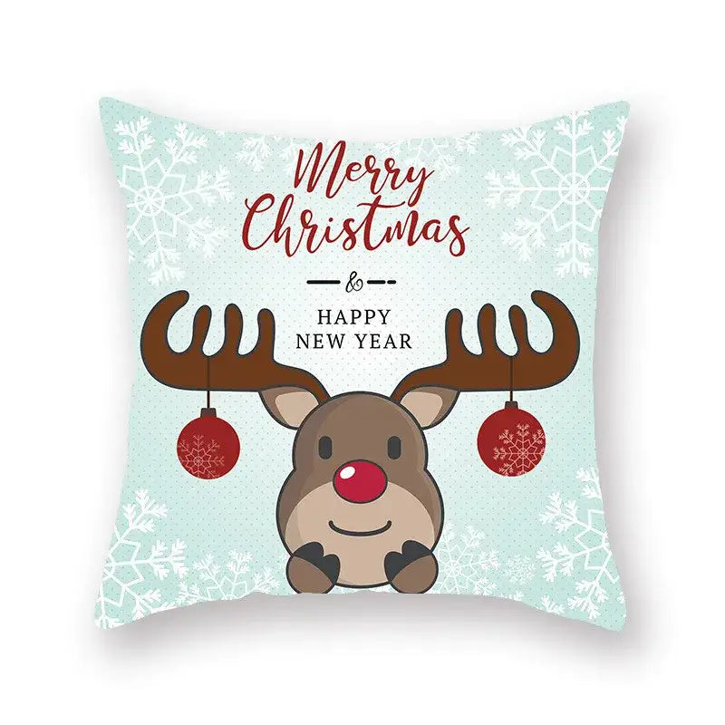A light blue DecorBites Christmas Santa elk pillowcase with a cartoon reindeer, red nose, and snowflake patterns