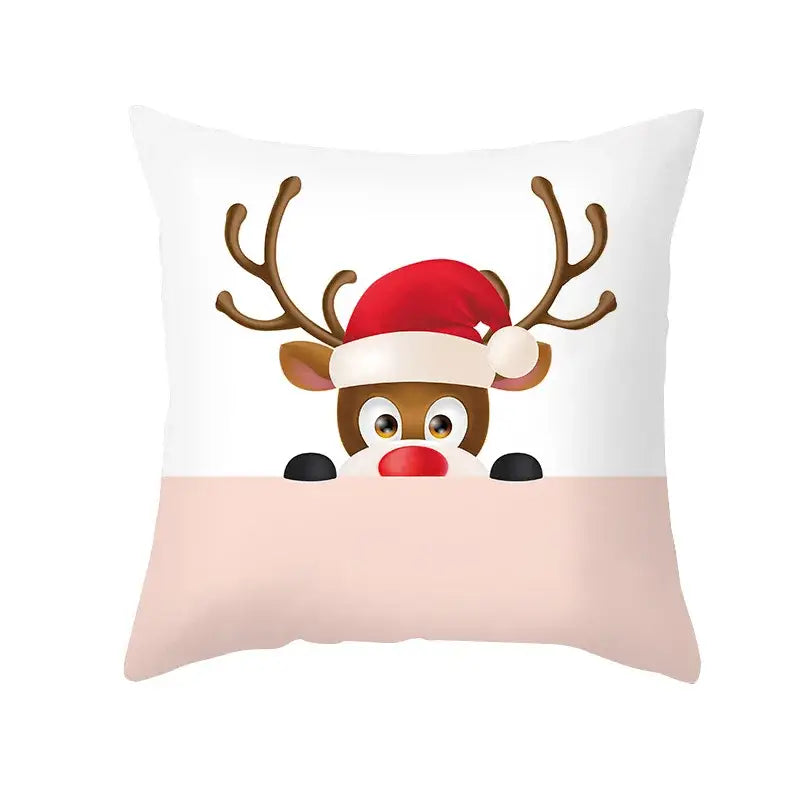 Decorbites christmas santa elk pillowcase with blush pink and white colors featuring a cartoon santa elk design