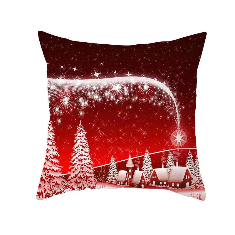 Red decorbites christmas santa elk pillowcase 45x45cm featuring snowy village under starry sky with fireworks for sofa decor