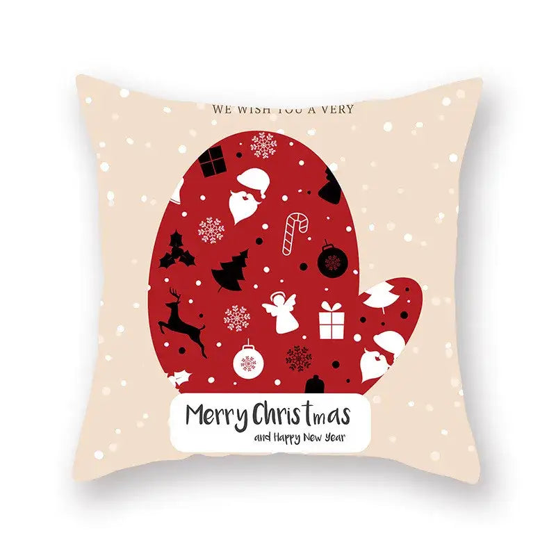 Beige festive throw pillow with red mitten and black white christmas icons decorbites christmas santa elk pillowcase