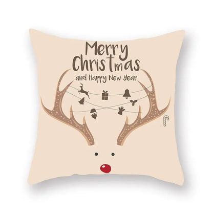Beige decorbites christmas santa elk pillowcase featuring reindeer with festive antlers and merry christmas text for sofa decor