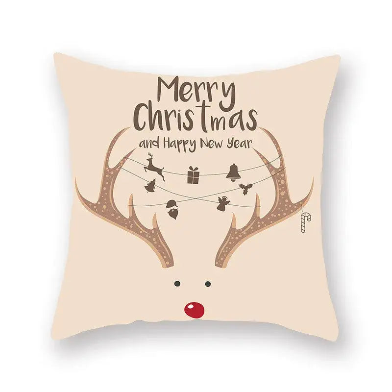 Beige decorbites christmas santa elk pillowcase featuring reindeer with festive antlers and merry christmas text for sofa decor