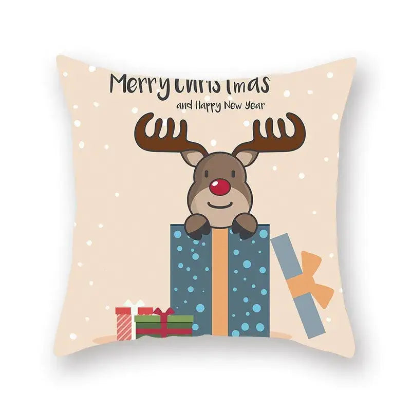 Beige decorbites christmas santa elk pillowcase with cartoon reindeer and blue gift boxes for sofa chair decor