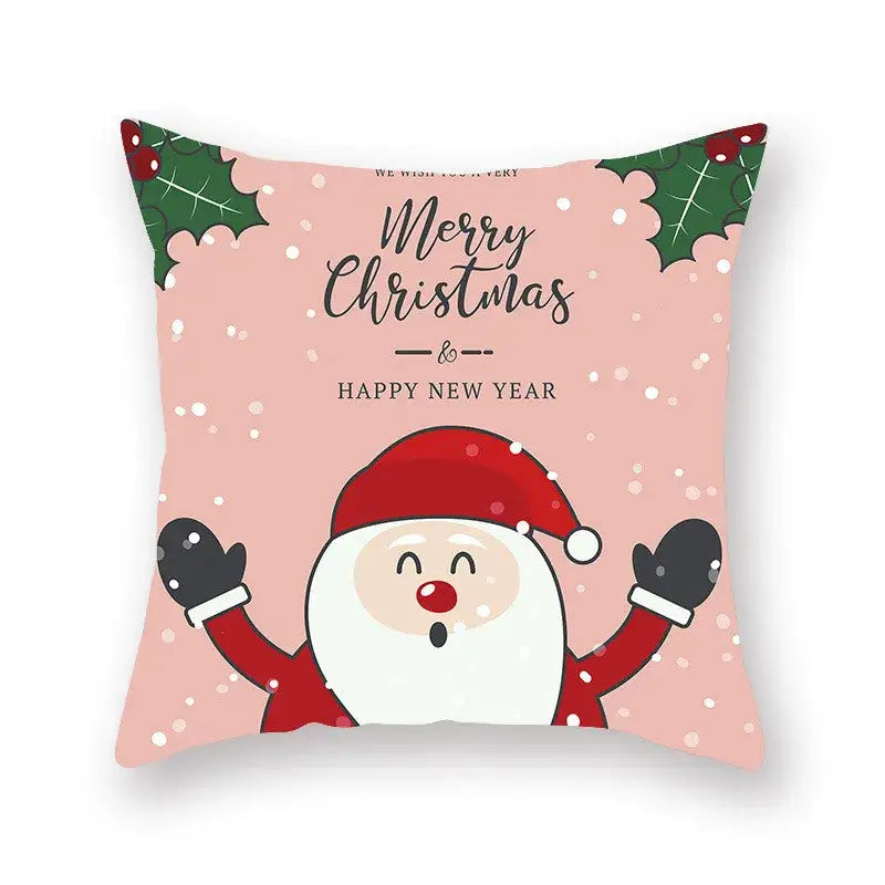 Decorbites christmas santa pink cushion featuring cartoon santa elk with black mittens and green holly leaves for sofa decor