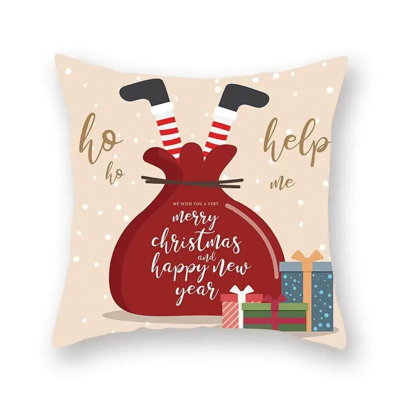 Beige DecorBites Christmas Santa elk pillowcase 45x45cm with festive red santa sack and striped legs design for sofa decor