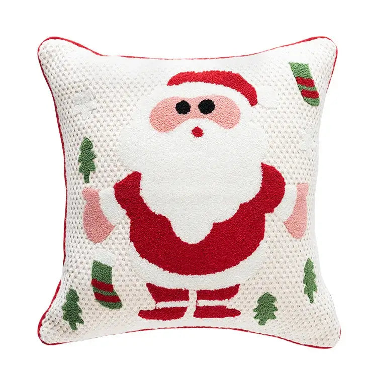 White cotton pillow cover with decorbites christmas santa snowflake embroidery featuring santa and pine trees