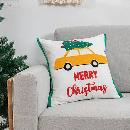 White cotton pillow cover with green trim yellow car carrying christmas tree and merry christmas embroidery decorbites christmas santa snowflake