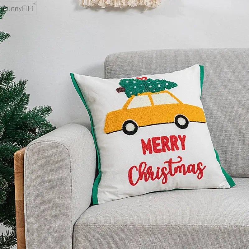 White cotton pillow cover with green trim yellow car carrying christmas tree and merry christmas embroidery decorbites christmas santa snowflake