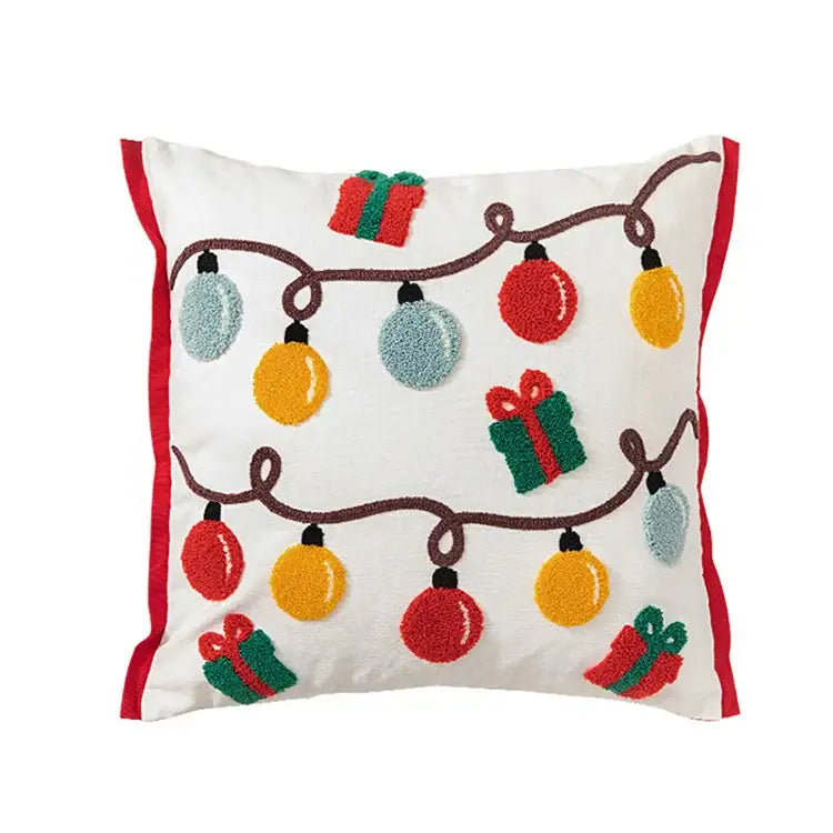 White cotton pillow cover with red trim and festive punch needle embroidery for decorbites christmas santa snowflake collection