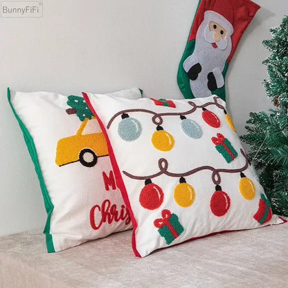 White cotton pillow cover with colorful embroidered lights gifts and yellow car design decorbites christmas santa snowflake