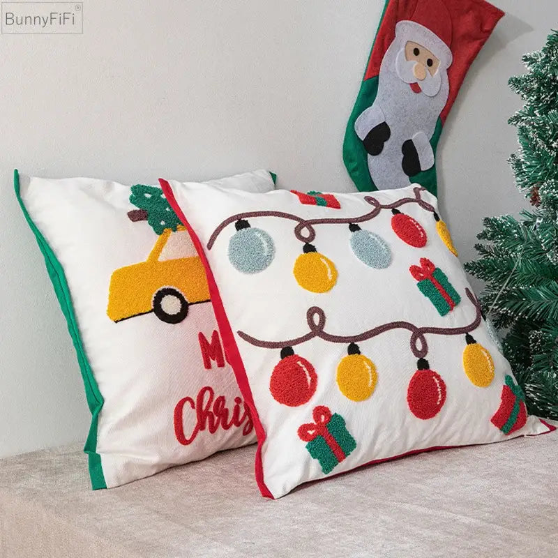 White cotton pillow cover with colorful embroidered lights gifts and yellow car design decorbites christmas santa snowflake