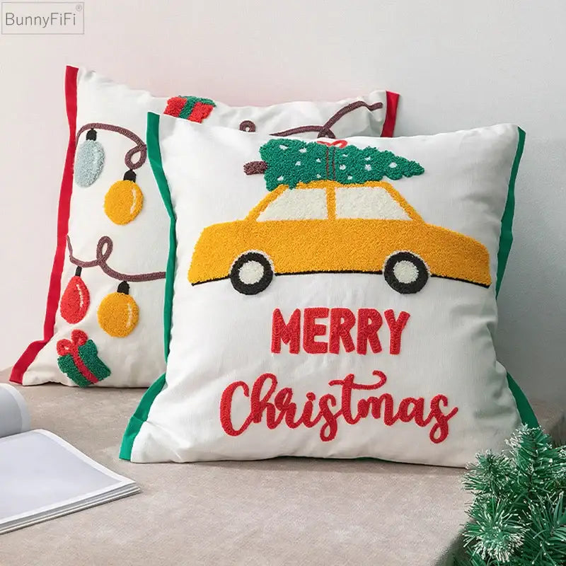 White christmas-themed cotton pillow cover with yellow car carrying tree and red merry christmas embroidery decorbites christmas santa