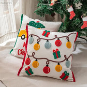 White christmas-themed cotton pillow cover with colorful embroidered lights and gifts by decorbites christmas santa snowflake