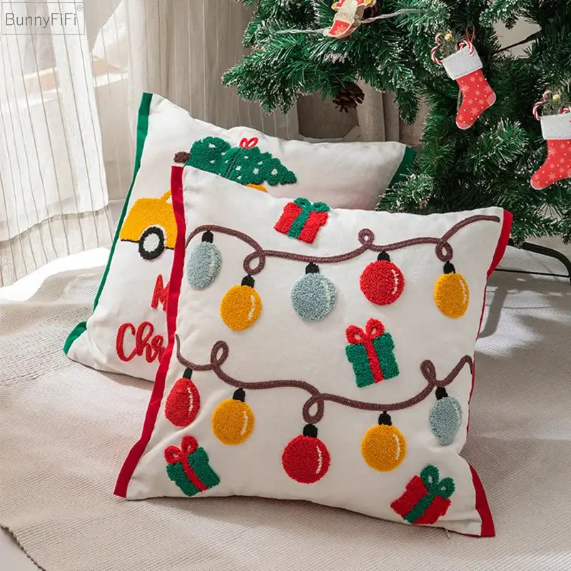 White christmas-themed cotton pillow cover with colorful embroidered lights and gifts by decorbites christmas santa snowflake