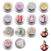 Set of twelve metal DecorBites Christmas Series cake decorating nozzles with colorful festive holiday designs
