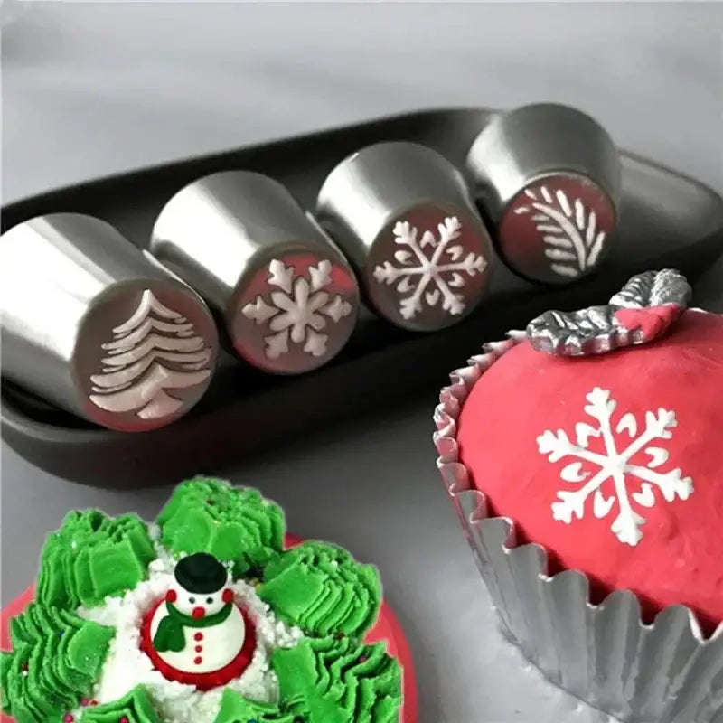 Set of five metallic decorbites christmas series cake decorating nozzles with festive snowflake pine tree and holly designs