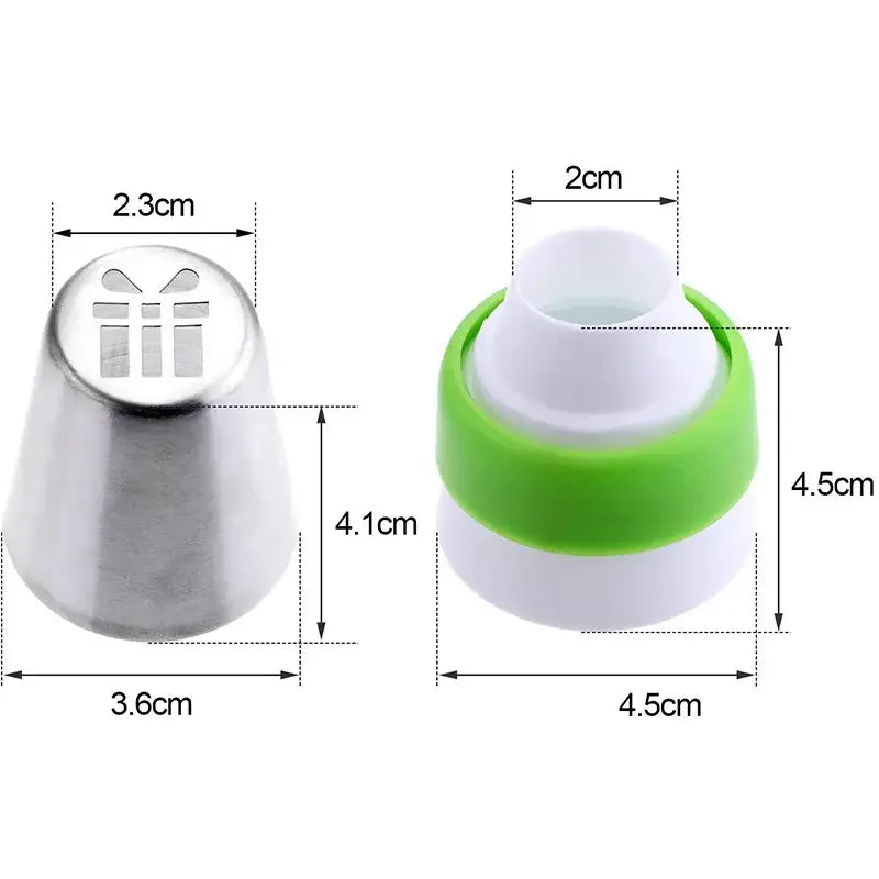 Silver gift-shaped metal cake decorating nozzle with green and white plastic handle from decorbites christmas series