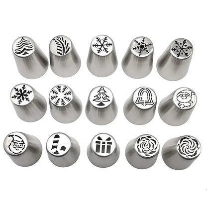 Set of stainless steel christmas-themed cake decorating nozzles with festive snowflake tree and santa designs by DecorBites