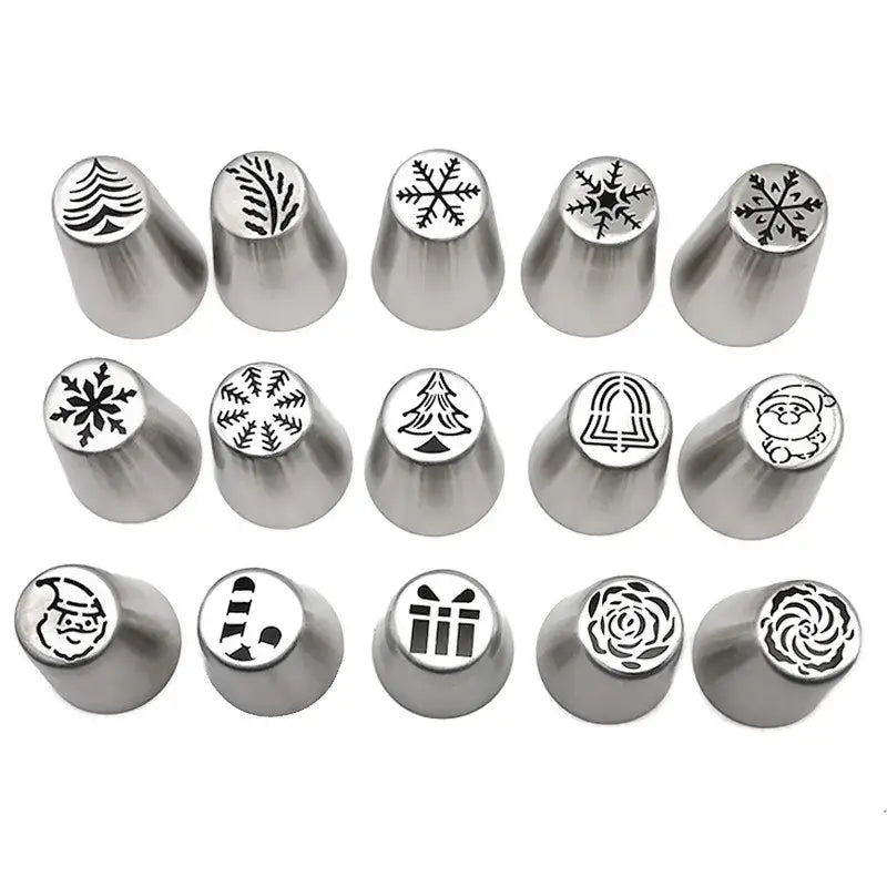 Set of stainless steel christmas-themed cake decorating nozzles with festive snowflake tree and santa designs by DecorBites