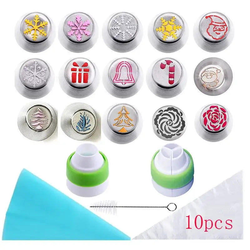 Set of ten colorful metallic DecorBites Christmas series cake decorating nozzles with silicone couplers and pastry brush
