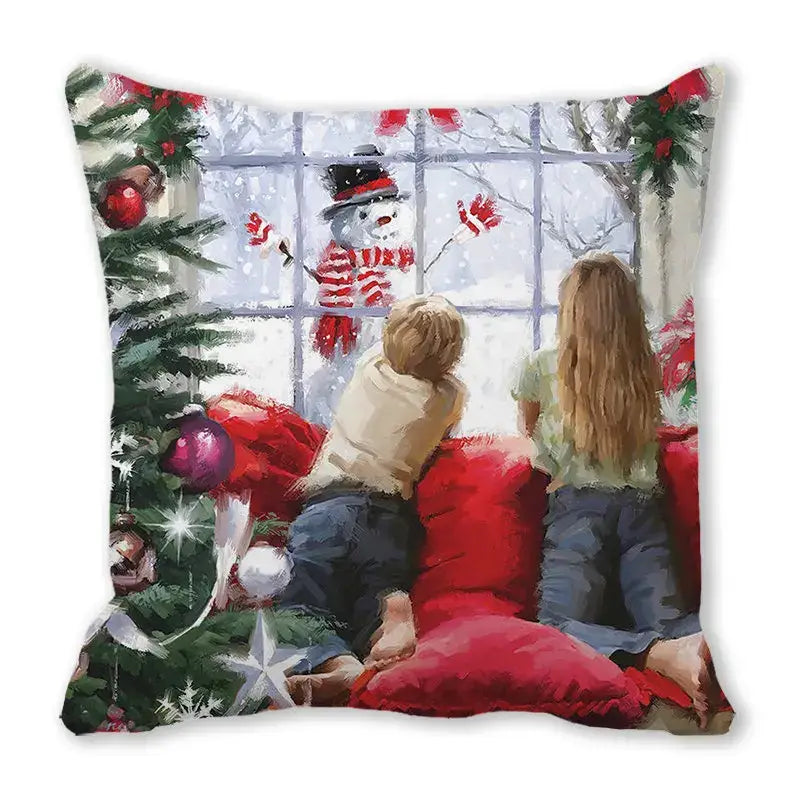 Decorbites christmas short plush pillowcase 45x45cm with painted children and snowman window scene in festive red and green