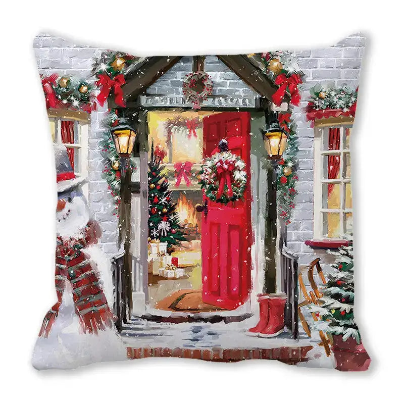 DecorBites Christmas short plush pillowcase 45x45cm with festive red door snow porch holiday decor design