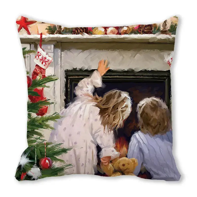 Decorbites christmas short plush pillowcase 45x45cm featuring children by fireplace festive scene for home decor