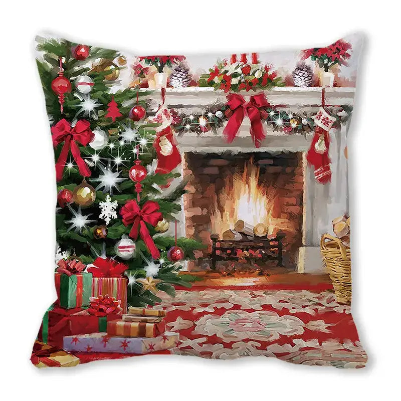 Decorbites christmas short plush pillowcase 45x45cm featuring a festive tree with red bows and presents by a fireplace