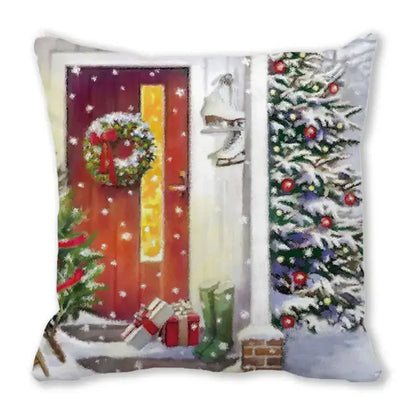 Decorbites christmas short plush pillowcase 45x45cm featuring a festive red door wreath snow trees ornaments and gifts
