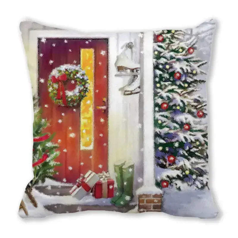 Decorbites christmas short plush pillowcase 45x45cm featuring a festive red door wreath snow trees ornaments and gifts