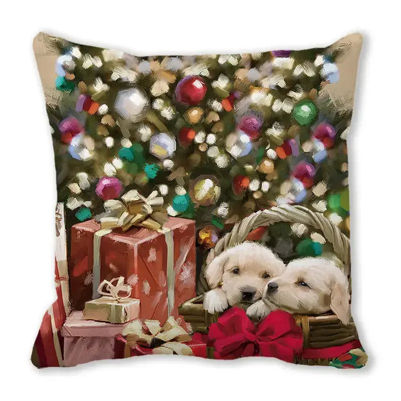 Decorbites christmas short plush pillowcase 45x45cm featuring two white puppies in a basket with christmas decor