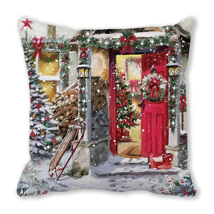A festive red decorbites christmas short plush pillowcase featuring a snowy holiday scene with garlands and lights