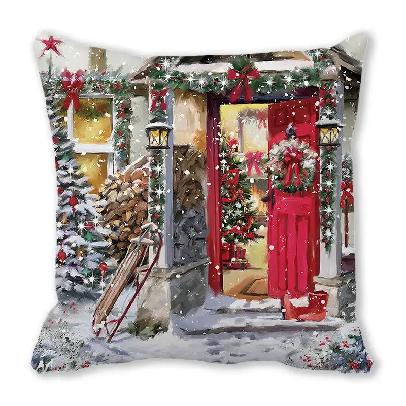 A festive red decorbites christmas short plush pillowcase featuring a snowy holiday scene with garlands and lights