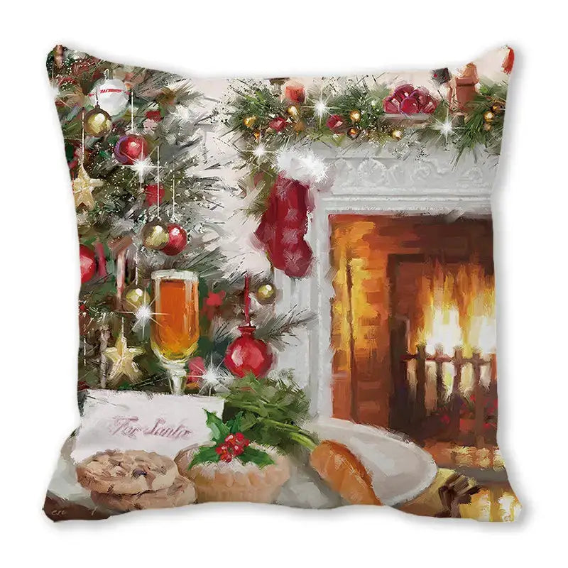 Decorbites christmas short plush pillowcase 45x45cm featuring festive tree fireplace and holiday treats design