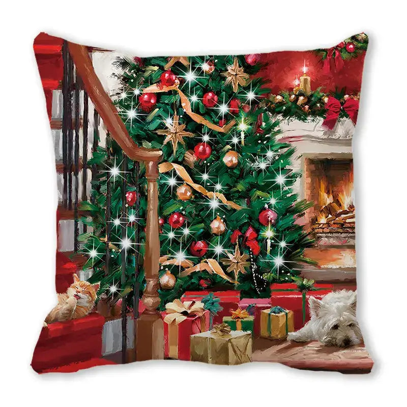 Decorbites christmas short plush pillowcase 45x45cm featuring a green tree with ornaments and resting pets in festive scene