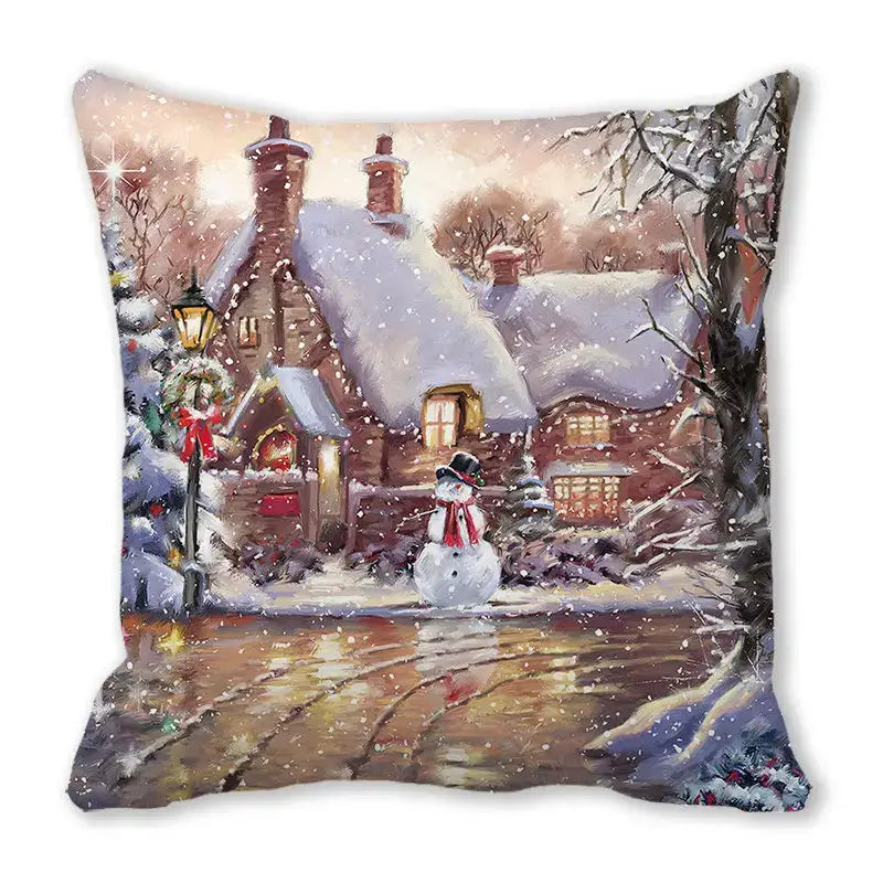 Decorbites christmas short plush pillowcase 45x45cm with cozy winter village scene and cheerful snowman design