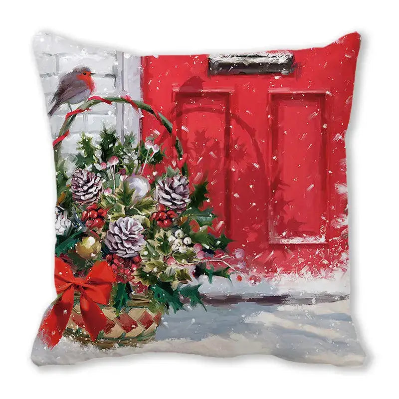 Decorbites christmas short plush pillowcase 45x45cm featuring a red door scene with pinecones and holly berries design