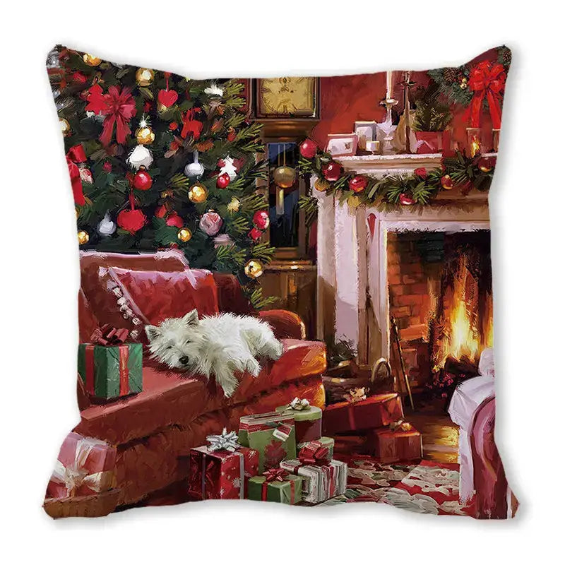 Decorbites christmas short plush pillowcase 45x45cm with cozy white dog on red armchair by tree and fireplace