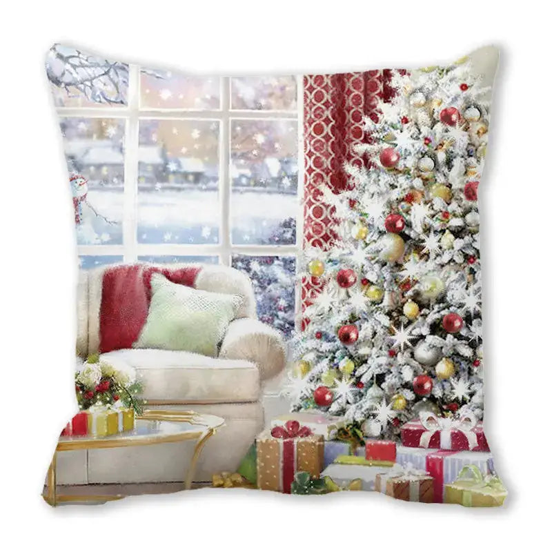 Decorbites christmas short plush pillowcase 45x45cm featuring snow-covered room with decorated tree red and gold ornaments