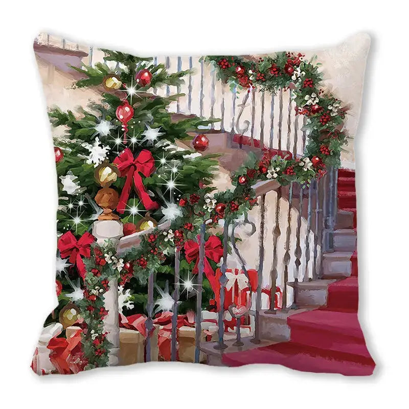 Square decorbites christmas short plush pillowcase 45x45cm with festive evergreen tree and red bow staircase decor