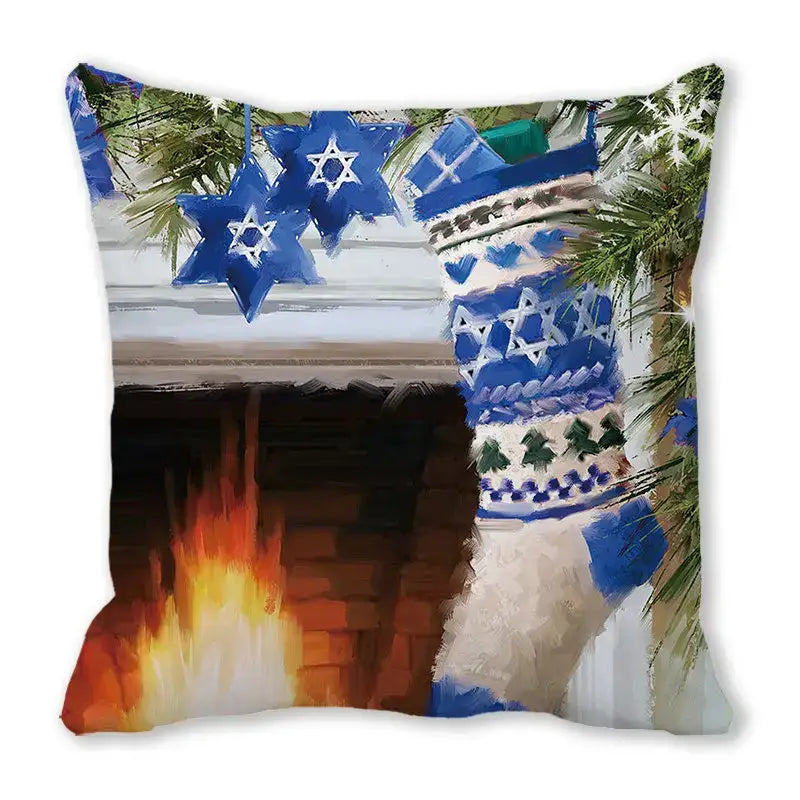 Decorbites christmas short blue and white patterned plush pillowcase with festive holiday stars and fireplace design