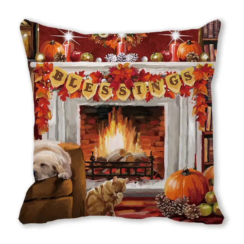 Decorbites christmas short plush pillowcase 45x45cm featuring a cozy autumn scene with fireplace pumpkins blessings text