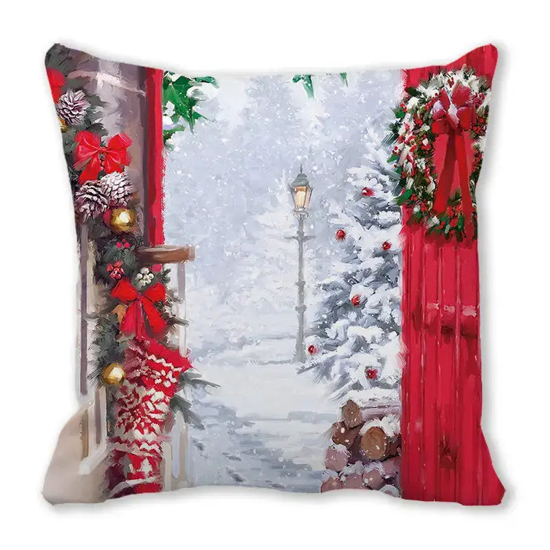 DecorBites Christmas short red and white plush pillowcase with snowy winter scene and festive wreaths 45x45cm home decor