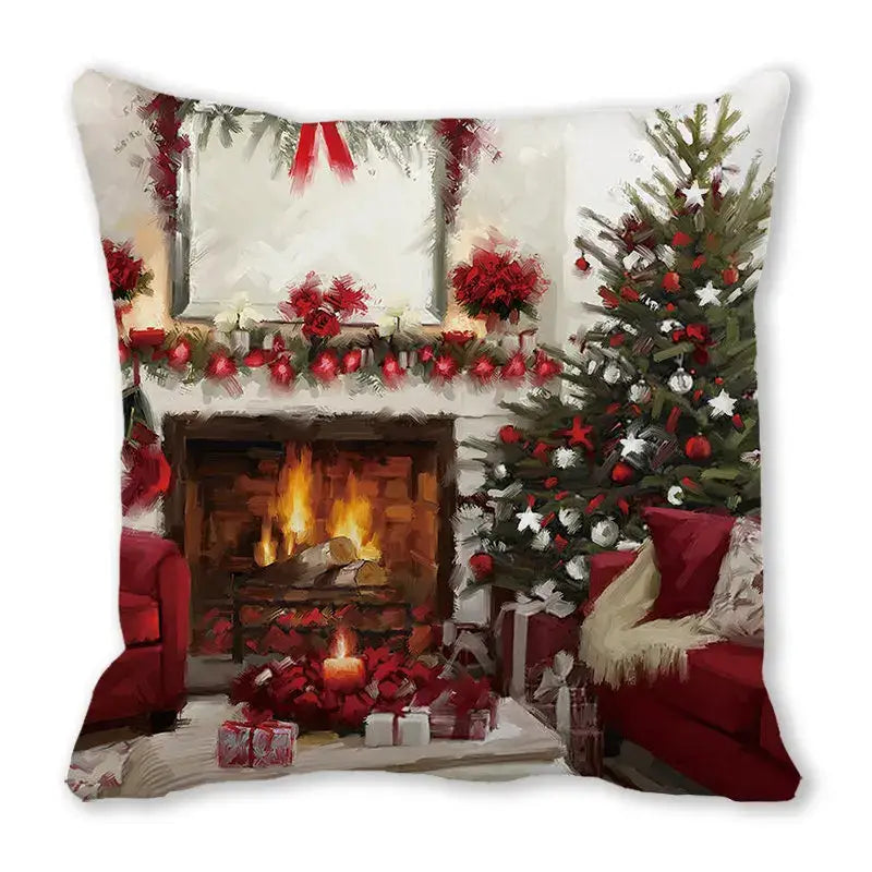 Red and white decorbites christmas short plush pillowcase featuring cozy fireplace tree and festive garlands 45x45cm